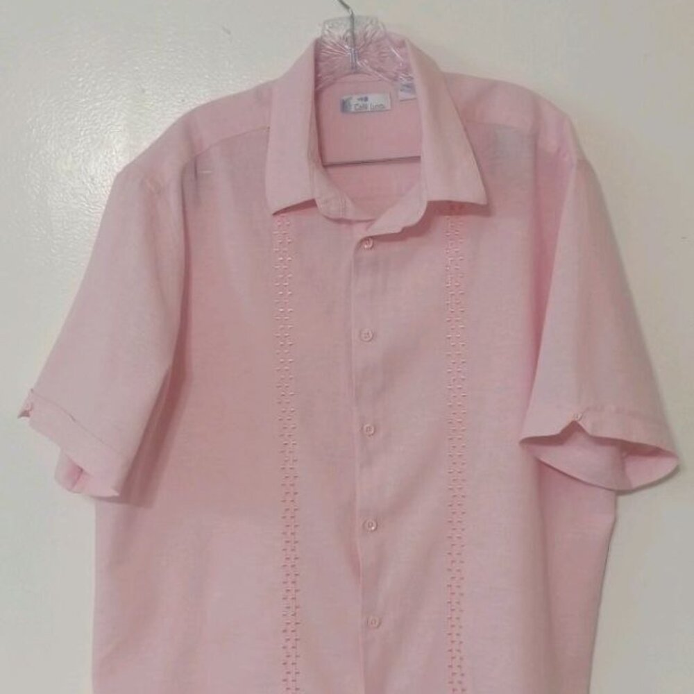 Café Luna Men’s Pink Linen-Blend Shirt with Embroidered Detail – Size XL